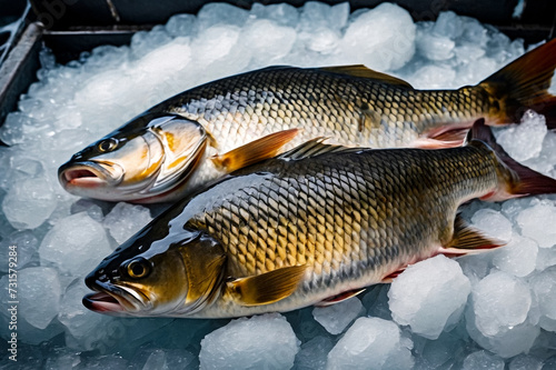 Fresh frozen carp on store counter in hypermarket. Concept of retail food backgrounds. Fresh seafood on crushed ice at fish market. Frozen sea fish on display counter at store. Copy ad text space