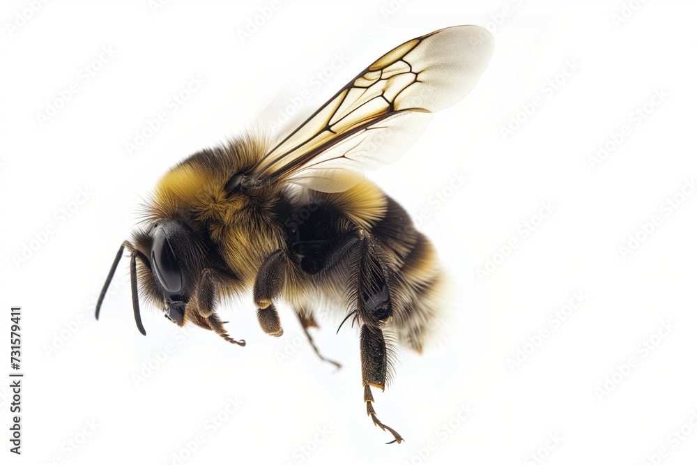 Soft Focus Macro of a Hovering Bee with Delicate Wings Isolated on White Background Soft Focus Macro of a Hovering Bee with Delicate Wings Isolated on White Background