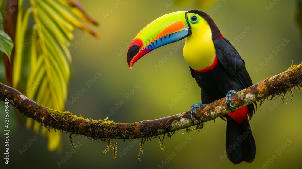 Fototapeta premium Within the rich biodiversity of a tropical reserve in Costa Rica, a keel-billed toucan perches gracefully on a vibrant branch. 