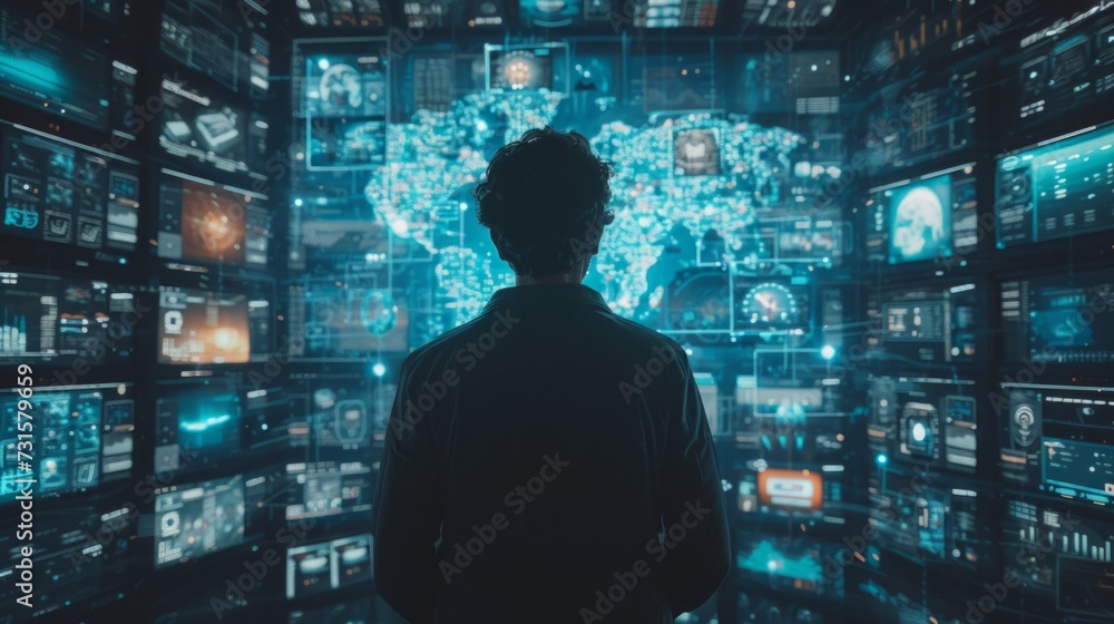 Surrounded by gadgets and screens, the businessman navigates the digital landscape with finesse. Surrounded by gadgets and screens, the businessman navigates the digital landscape with finesse.