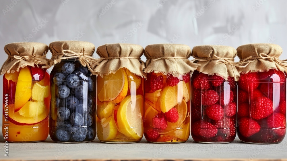 Minimalist setups showcasing jars of perfectly preserved fruits