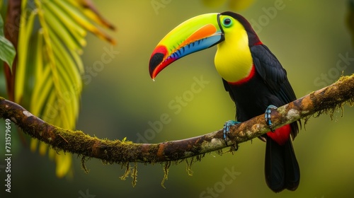 Within the rich biodiversity of a tropical reserve in Costa Rica, a keel-billed toucan perches gracefully on a vibrant branch. 