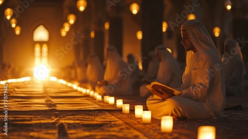 Tranquil shots of individuals engrossed in reading and reciting the Quran during Ramadan nights photo