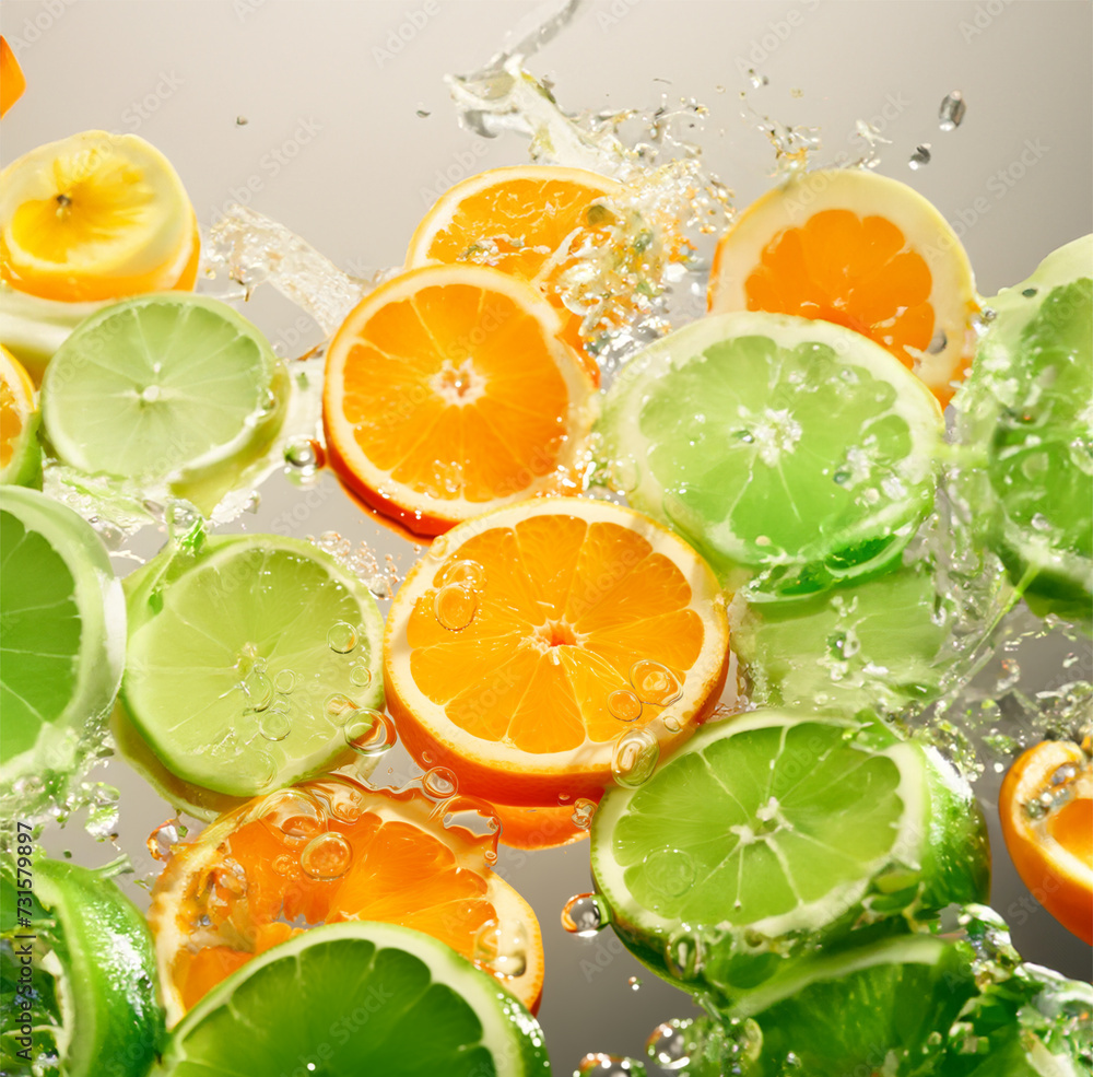 slices of orange and lime in the water splash slices of orange and lime in the water splash
