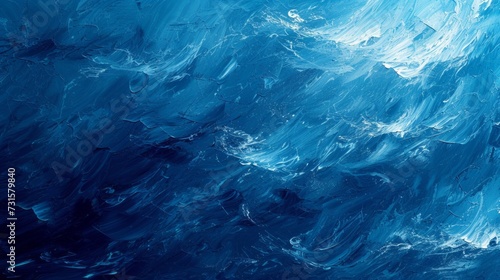 Fluid brushstrokes and shades of blue evoke the ebb and flow of ocean waves