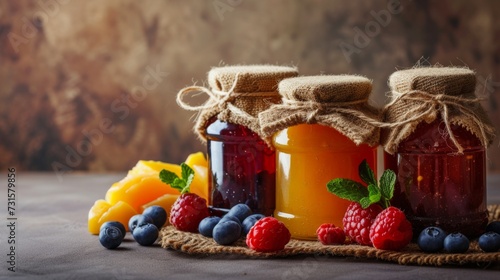Minimalist backdrops adorned with jars of vibrant fruit jams