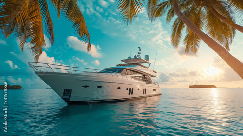 A large white yacht anchored near a tropical beach with palm trees, clear blue skies, and calm ocean waters reflecting the sunlight. Ai generative