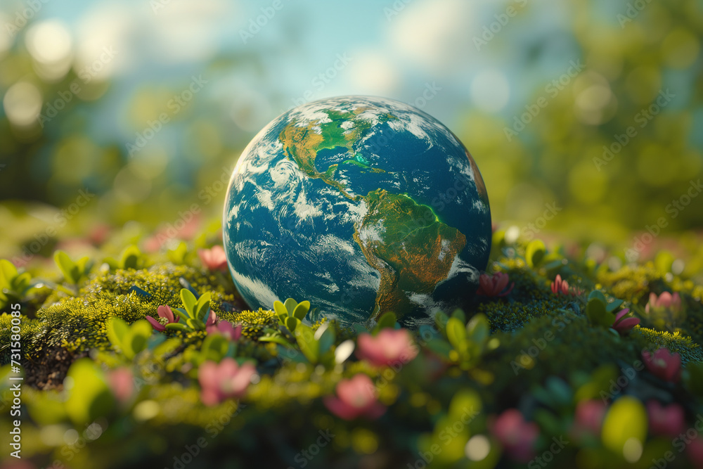 A globe at the center of the image on a ground abundant with grass and flowers A globe at the center of the image on a ground abundant with grass and flowers