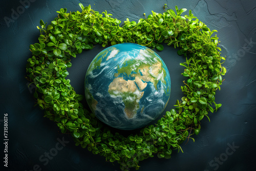 A globe surrounded by a heart shaped wreath of green leaves