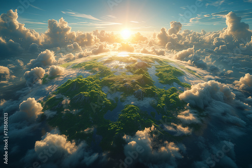 A beautiful scene of a globe with the sunrise in the clouds #731580213