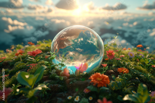 A crystal globe on the ground surrounded by flowers with a cloudy sky in the background