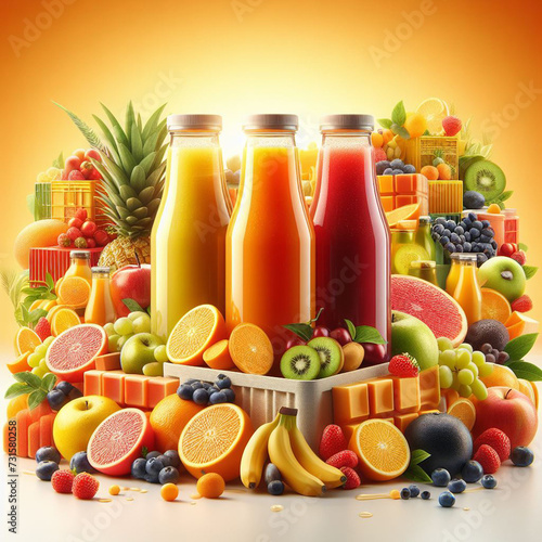 Fruit Juice in bottles with collections of fruits as background.