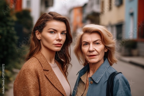portrait of an attractive woman and her mother on a walk through their neighborhood