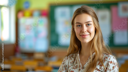 Free Download a image of a portrait of a beautiful young female school teacher standing in the classroom, with blurred background and empty copy space - GFXLoad