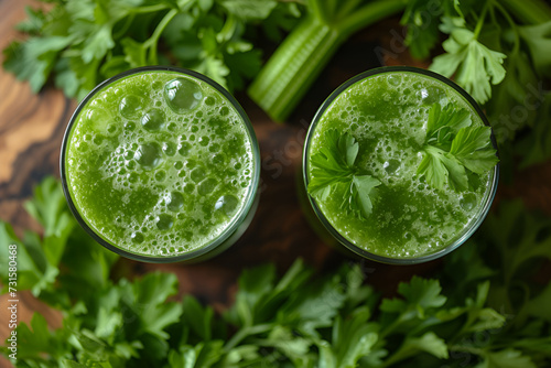 celery green juice , rustic style, green vegetable drink on the table