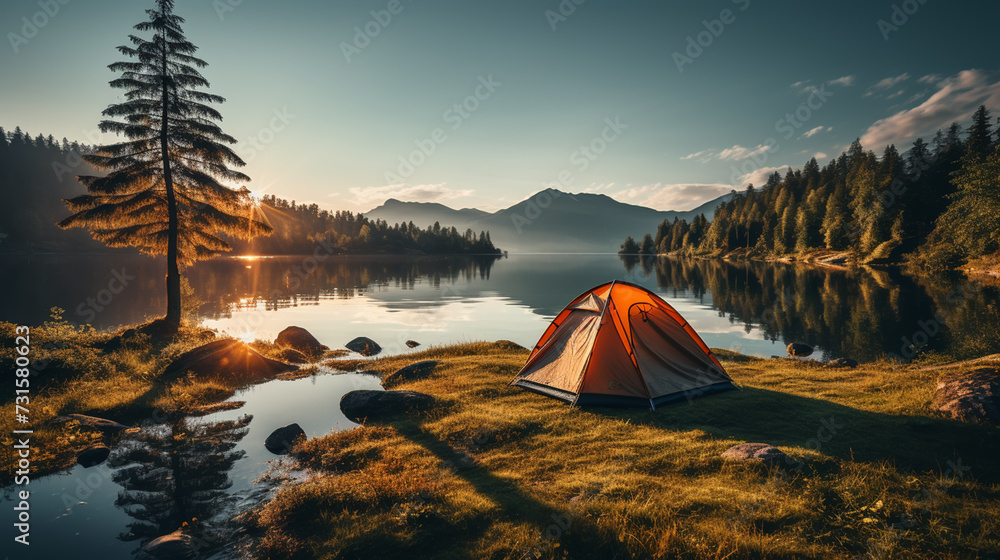 Camping tent in a camping on the river bank