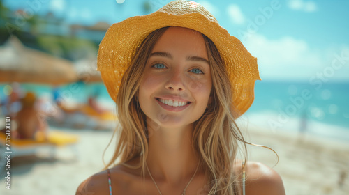 Bayside Elegance Captivating Portrait of a smiling Woman, Calm and Poised on the Beach photo