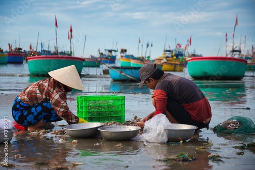 Mui Ne fish market in the morning, Vietnam. a coastal fishing village to buy and sell seafood. Local vendor is collecting fishes.