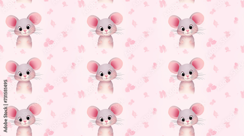 Seamless repeating background cute mouse vector illustration on light pink background. Tile backgrounds for fabrics, wallpapers and patterns.