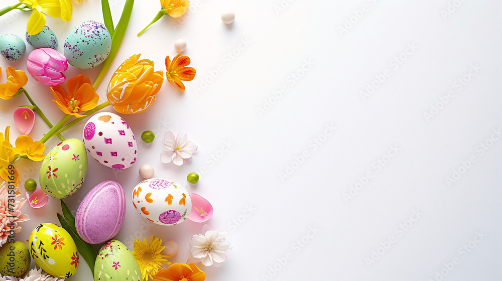 An Easter decoration steals the spotlight, meticulously arranged against a clear, radiant white background wit copy space