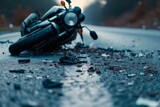 Motorcycle and bicycle on the road after a motorcycle accident