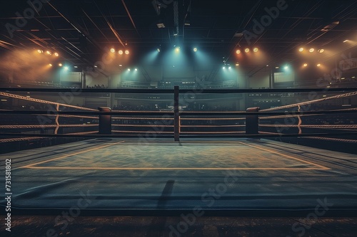 Empty boxing ring under spotlights with empty auditorium seats around it concept photo