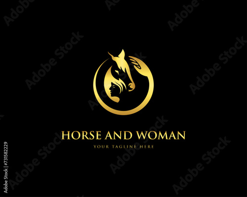 Women and horse animal care logo design modern vector template.