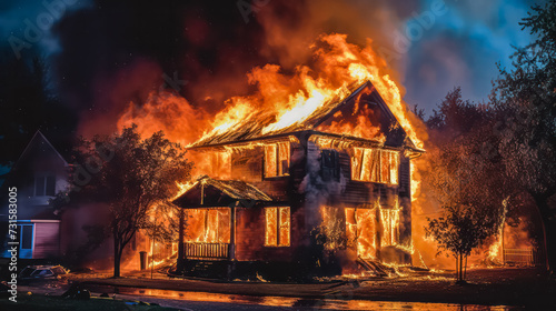 A wooden house or barn ablaze in the darkness of night