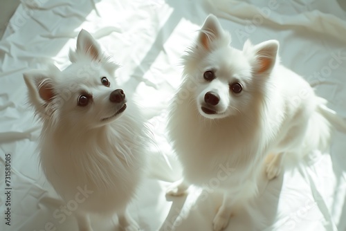 Two American Eskimo Dogs standing on white paper photo