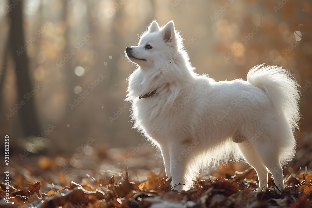 American Eskimo Dog playing on a yard on a sunny day, in the style of landscape-focused