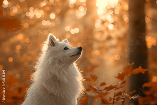 Cute American Eskimo Dog standing in fall forest photo