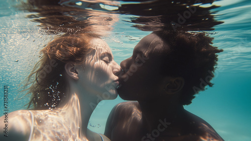 Liquid Affection Young Couple Embracing in an Underwater Kiss