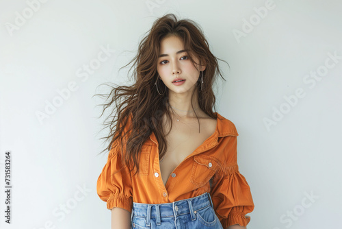 Half body Profile portrait of Asian joyful young woman standing wear casual shirt wear shoe, blue jeans isolated on white background female model, curvy body. Copy space. photo