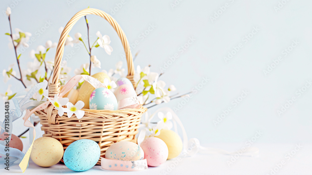 An Easter basket with eggs and flowers steals the spotlight, meticulously arranged against a clear, radiant white background and copy space for text 