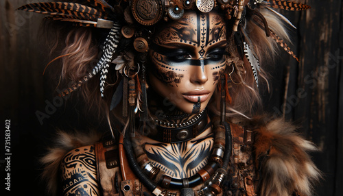 Fashion woman wearing Native American tribal feathers  photo