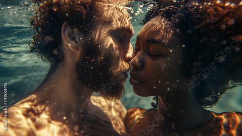 Liquid Love Affair Couple's Intimate Kiss Beneath the Water's Edge