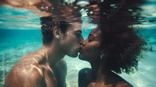 Beneath the Waves Young Couple Engaging in a Passionate Kiss