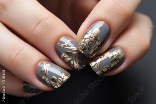 A close-up of perfectly manicured nails showcasing intricate nail art designs and glossy finishes.