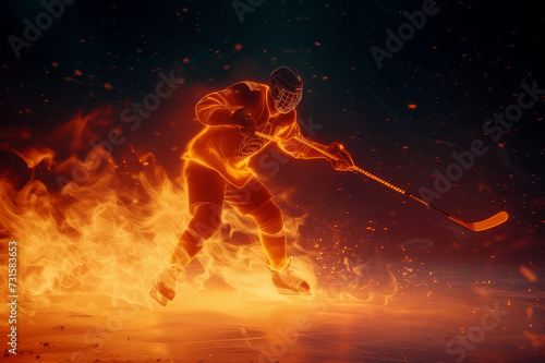 One hockey player in studio silhouette on fire