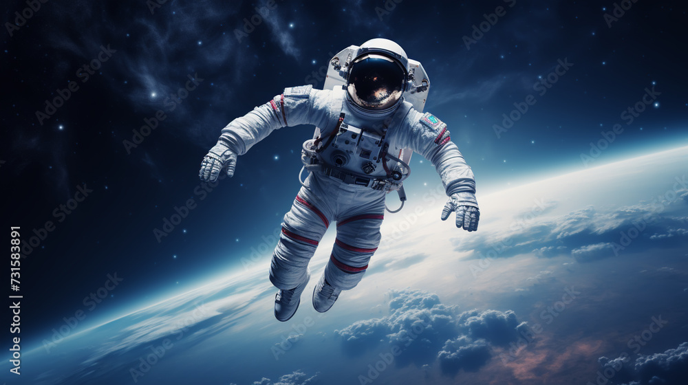 Fototapeta premium Astronaut in space costume in outer space. Spacewalk