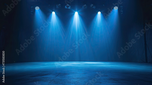 Free stage with lights and smoke, Empty stage with blue spotlights, conser, show, party, Presentation concept. dark navy blue spotlight strike on black background. banner design photo