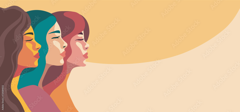 Vector horizontal banner of women of different cultures and nationalities standing side by side. Women's Day. Vector concept of movement for gender equality and women's empowerment Vector horizontal banner of women of different cultures and nationalities standing side by side. Women's Day. Vector concept of movement for gender equality and women's empowerment