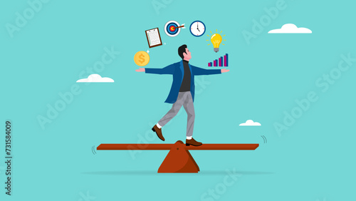 multitalented worker, multiple project management concept illustration, juggle multiple project concept, professional businessman manage multiple project at the some time vector illustration