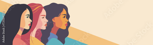  Vector horizontal banner of young women of different cultures and nationalities standing nearby. Women's Day. Vector concept of movement for gender equality and women's empowerment