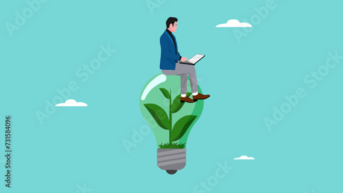 businesswoman working with computer on green sustainable light bulb, Environmental social and governance, sustainable business, industry using environmentally friendly energy or renewable energy, ESG