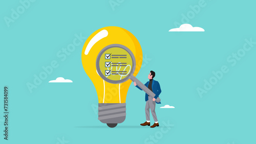 researching business ideas, market research for business idea success, Business idea viability checking, businessman with magnifier analyze business light bulb idea concept vector illustration