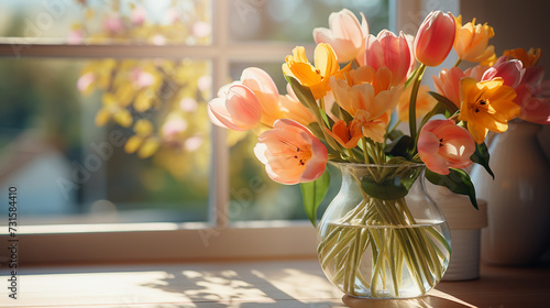 Bouquet of tulips sunlight rays after rain on the windowsill. spring time. March 8, Women's Day