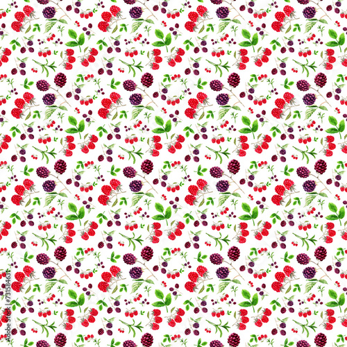 Watercolor seamless pattern with twigs, fruits and leaves of blackberries and raspberries