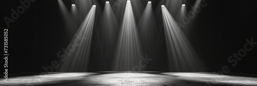 Free stage with lights and smoke, Empty stage with white spotlights, conser, show, party, Presentation concept. white spotlight strike on black background, vintage retro stage black white