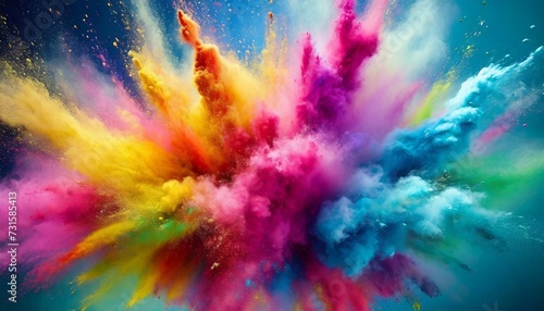 Multicolored powder explodes in the air. Abstract colored haze for Holi festival.